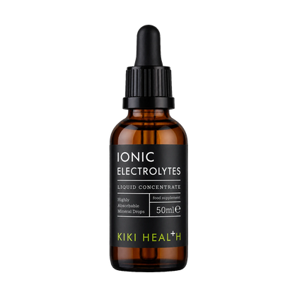 A 50ml amber glass dropper bottle of Kiki Health Ionic Electrolytes liquid concentrate, featuring a black label with white and lime green text, set against a plain white background.