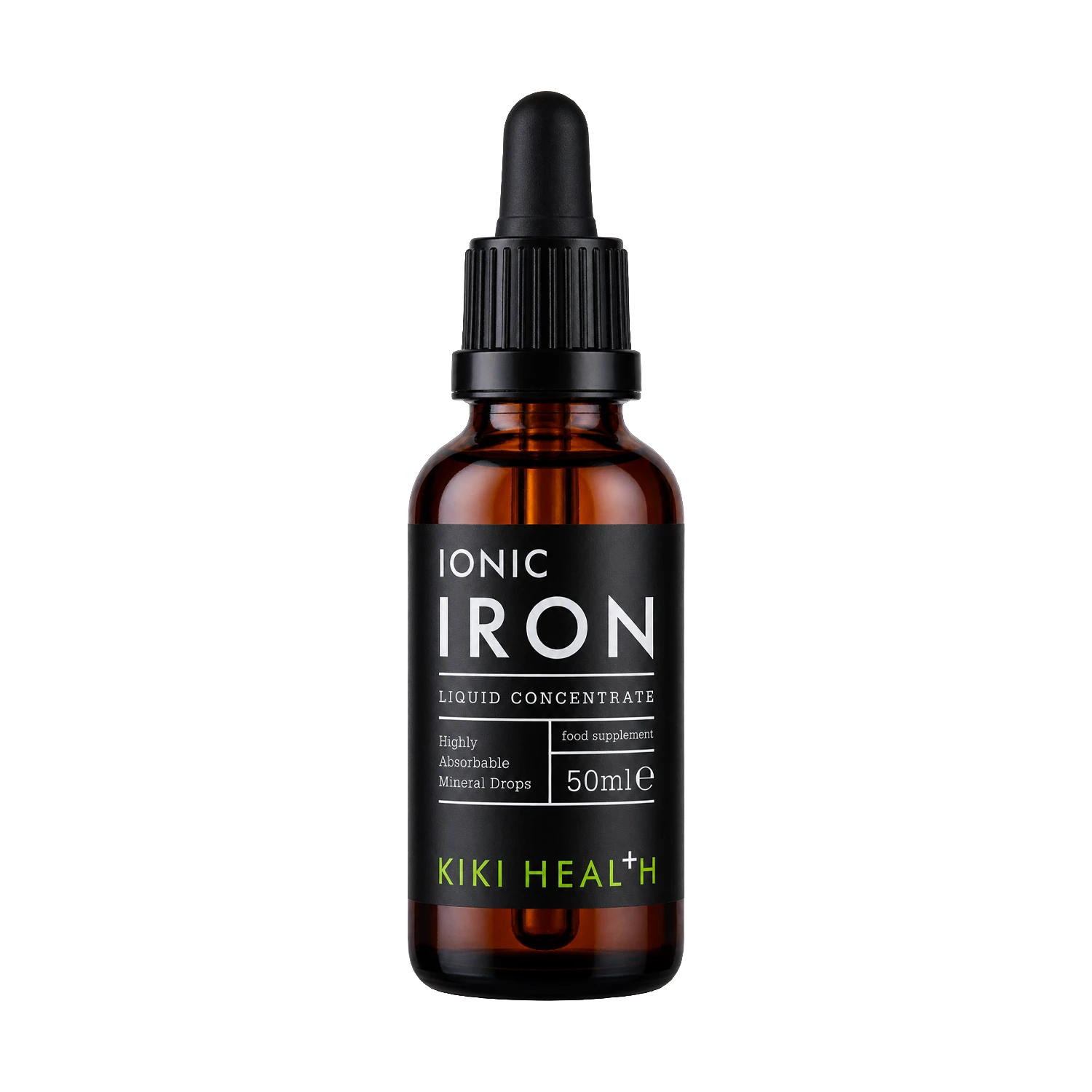 A 50ml amber glass dropper bottle of Kiki Health Ionic Iron Liquid Concentrate, featuring a black label with white and lime green text, and a black dropper cap, set against a plain white background.