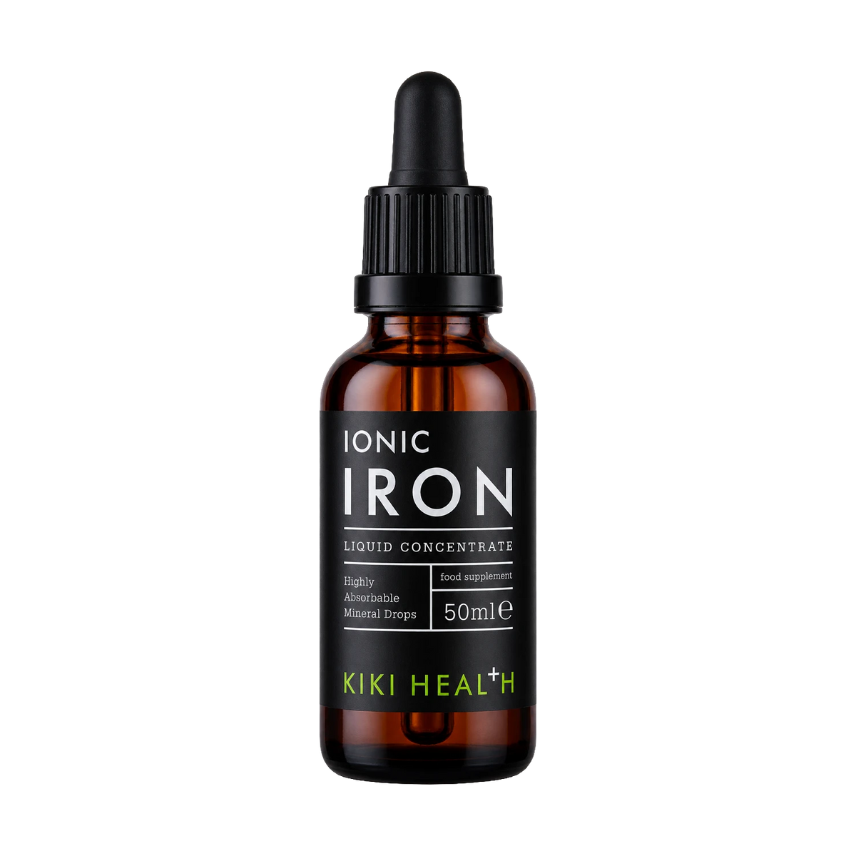 A 50ml amber glass dropper bottle of Kiki Health Ionic Iron Liquid Concentrate, featuring a black label with white and lime green text, and a black dropper cap, set against a plain white background.