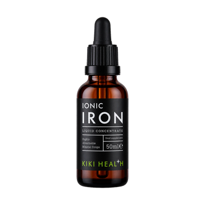 A 50ml amber glass dropper bottle of Kiki Health Ionic Iron Liquid Concentrate, featuring a black label with white and lime green text, and a black dropper cap, set against a plain white background.