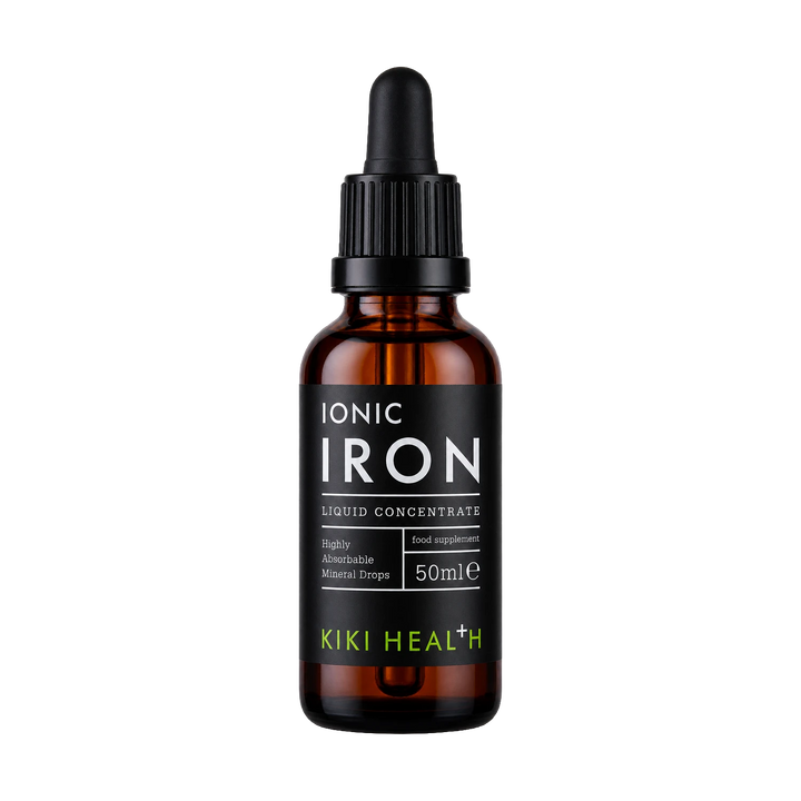 A 50ml amber glass dropper bottle of Kiki Health Ionic Iron Liquid Concentrate, featuring a black label with white and lime green text, and a black dropper cap, set against a plain white background.