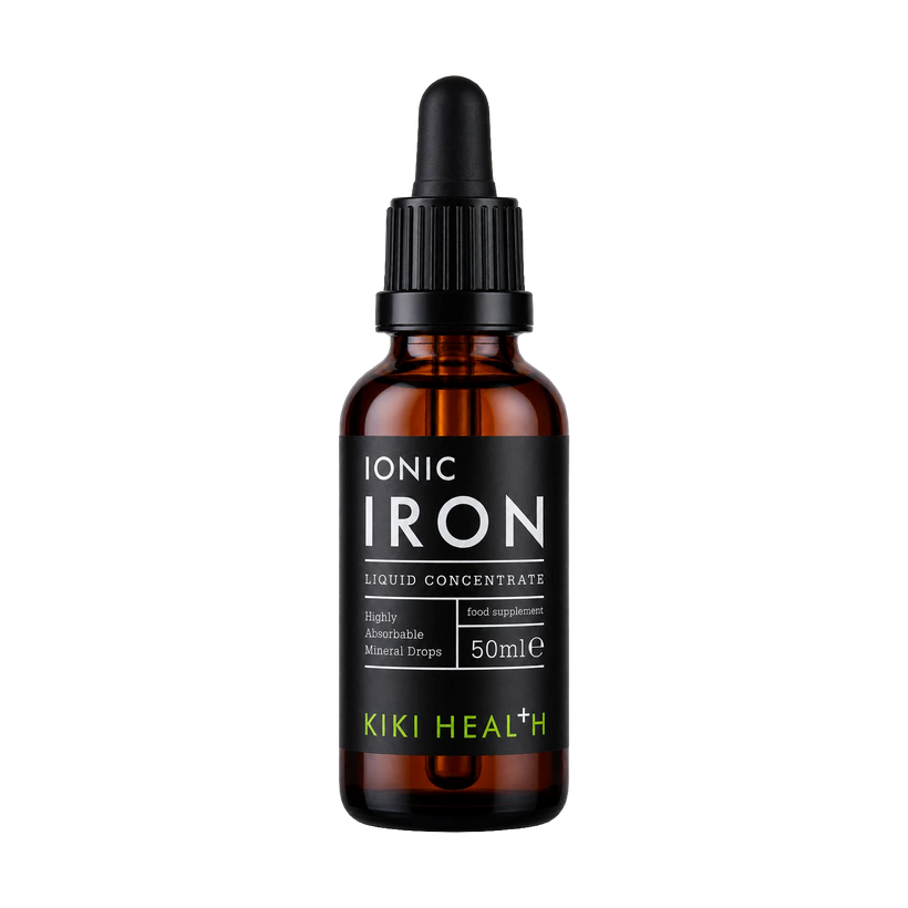 A 50ml amber glass dropper bottle of Kiki Health Ionic Iron Liquid Concentrate, featuring a black label with white and lime green text, and a black dropper cap, set against a plain white background.