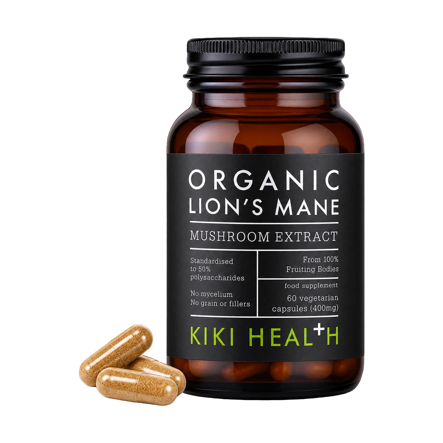 A black supplement bottle labeled 'Organic Lion's Mane Mushroom Extract' by Kiki Health, shown on a white background with three tan capsules placed in front.