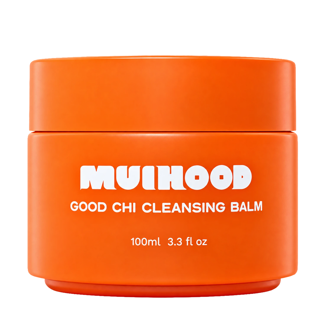 An orange container labelled MUIHOOD Good Chi Cleansing Balm, 100ml 3.3 fl oz.