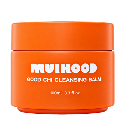 An orange container labelled MUIHOOD Good Chi Cleansing Balm, 100ml 3.3 fl oz.
