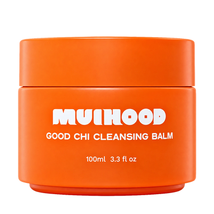 An orange container labelled MUIHOOD Good Chi Cleansing Balm, 100ml 3.3 fl oz.