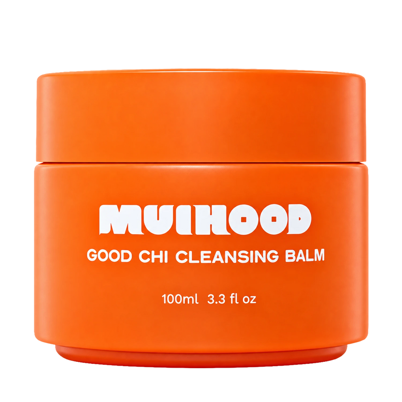 An orange container labelled MUIHOOD Good Chi Cleansing Balm, 100ml 3.3 fl oz.
