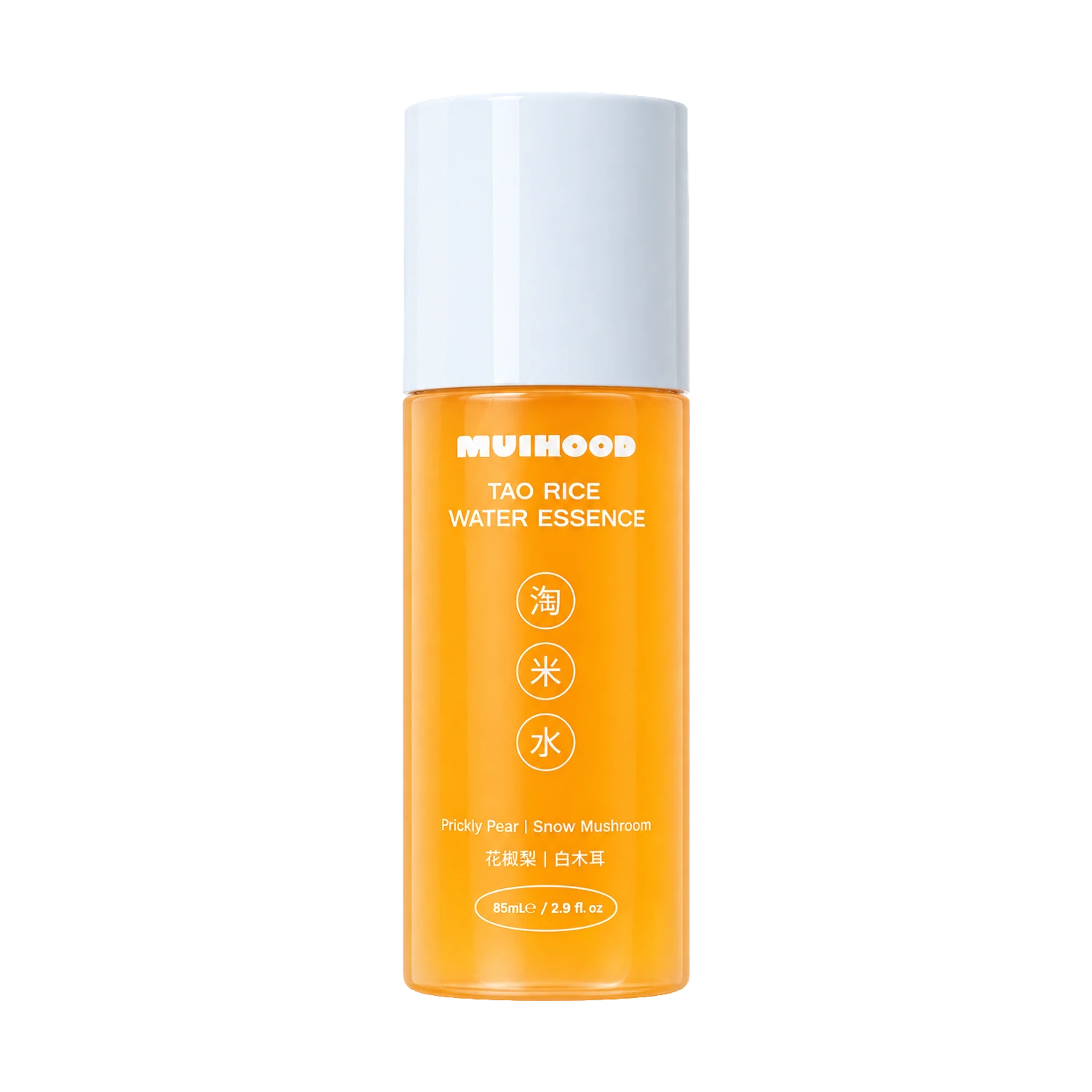A bottle of MUIHOOD Tao Rice Water Essence with a white cap and a bright orange translucent body, shown on a solid white background.