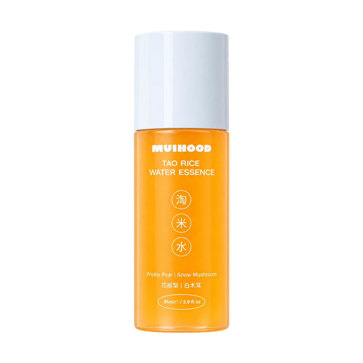 A bottle of MUIHOOD Tao Rice Water Essence with a white cap and a bright orange translucent body, shown on a solid white background.