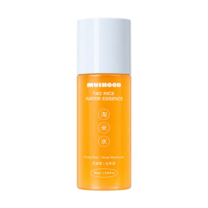 A bottle of MUIHOOD Tao Rice Water Essence with a white cap and a bright orange translucent body, shown on a solid white background.