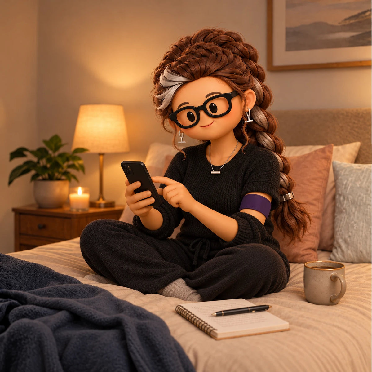 A character sits on a bed using a smartphone while holding a notebook and pen.
