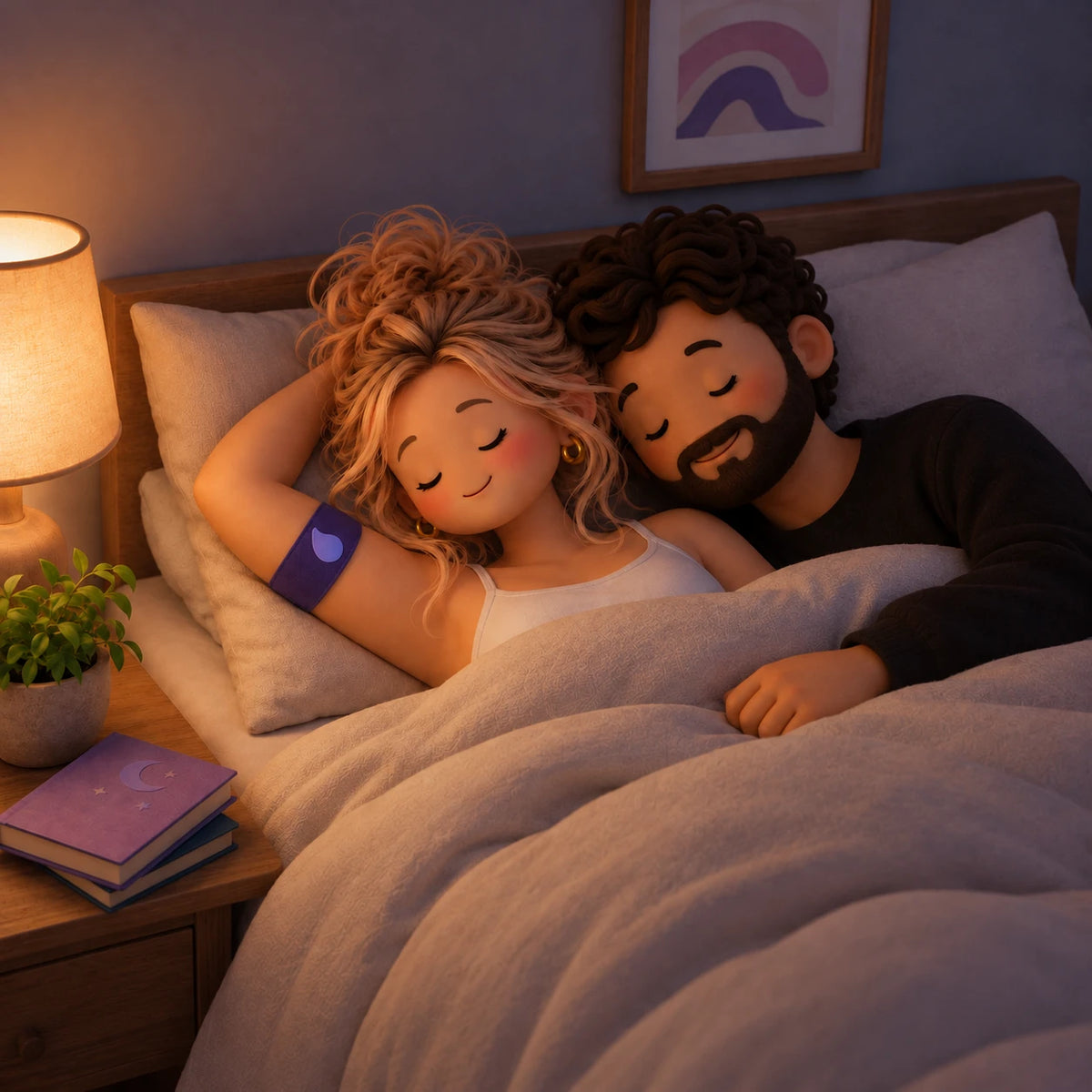 Two characters lying in bed together wearing sleep trackers on their arms.