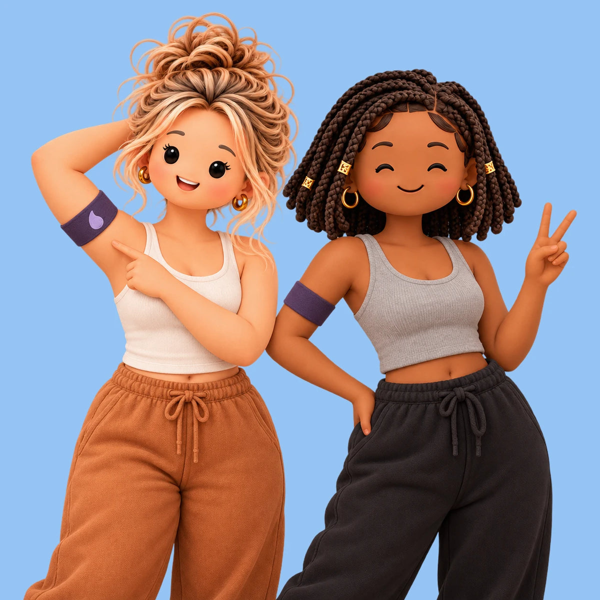 Two characters pose confidently against a blue background wearing casual athletic clothing and fitness trackers on their arms.