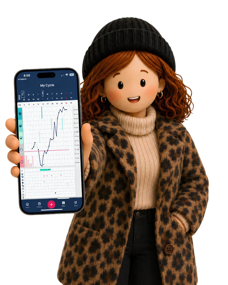 A character holds up a smartphone displaying My Cycle app data.