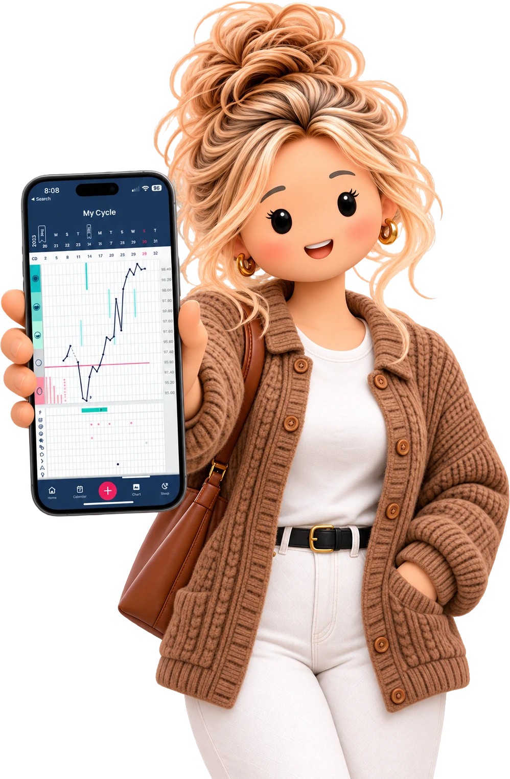 A character holding a smartphone displaying My Cycle app with a calendar and chart.