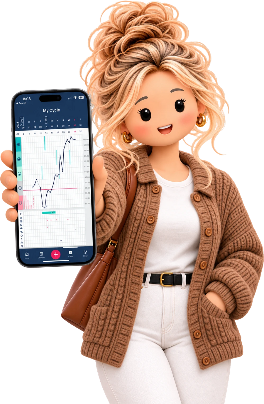 A character holding a smartphone displaying My Cycle app with a calendar and chart.