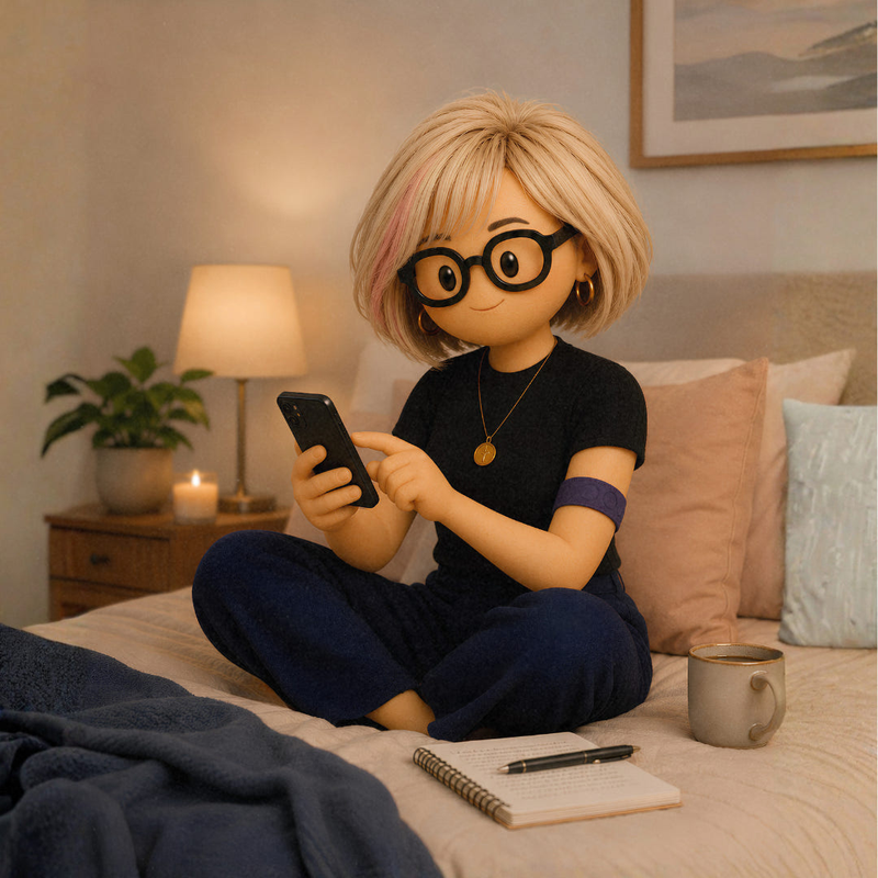 A figure with blonde hair and glasses sits on a bed using a smartphone while holding a notebook.