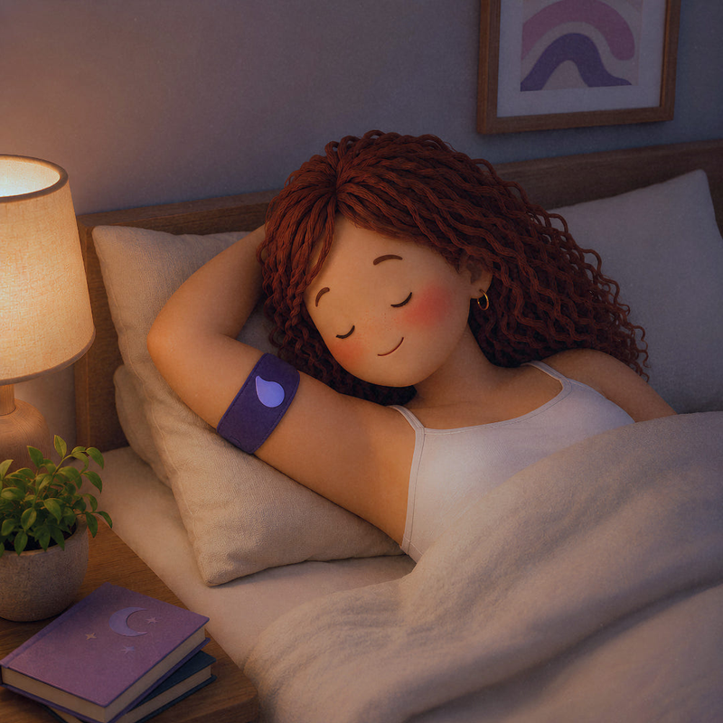 A person wearing a purple wrist device sleeps peacefully on their side in bed.
