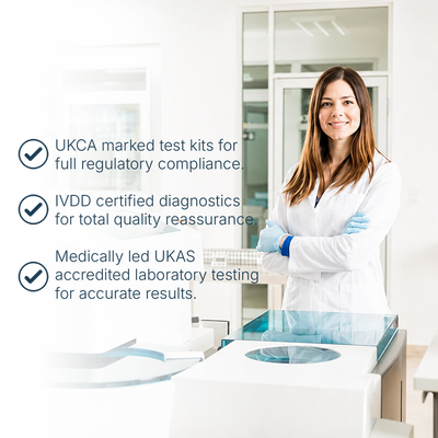 A woman in a white lab coat and blue gloves stands in a bright laboratory setting beside a modern white and blue testing machine. Text on the left highlights UKCA marked test kits, IVDD certified diagnostics, and UKAS accredited laboratory testing.