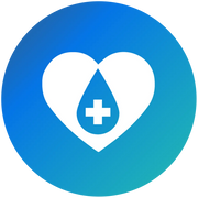 A blue heart shape containing a teardrop symbol with a white cross inside on a gradient background.